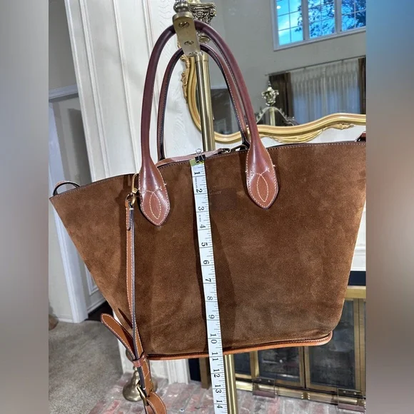 Polo Ralph Lauren Bellport Suede Leather Medium Tote Bag Brown Adjustable Strap - Picture 12 of 16